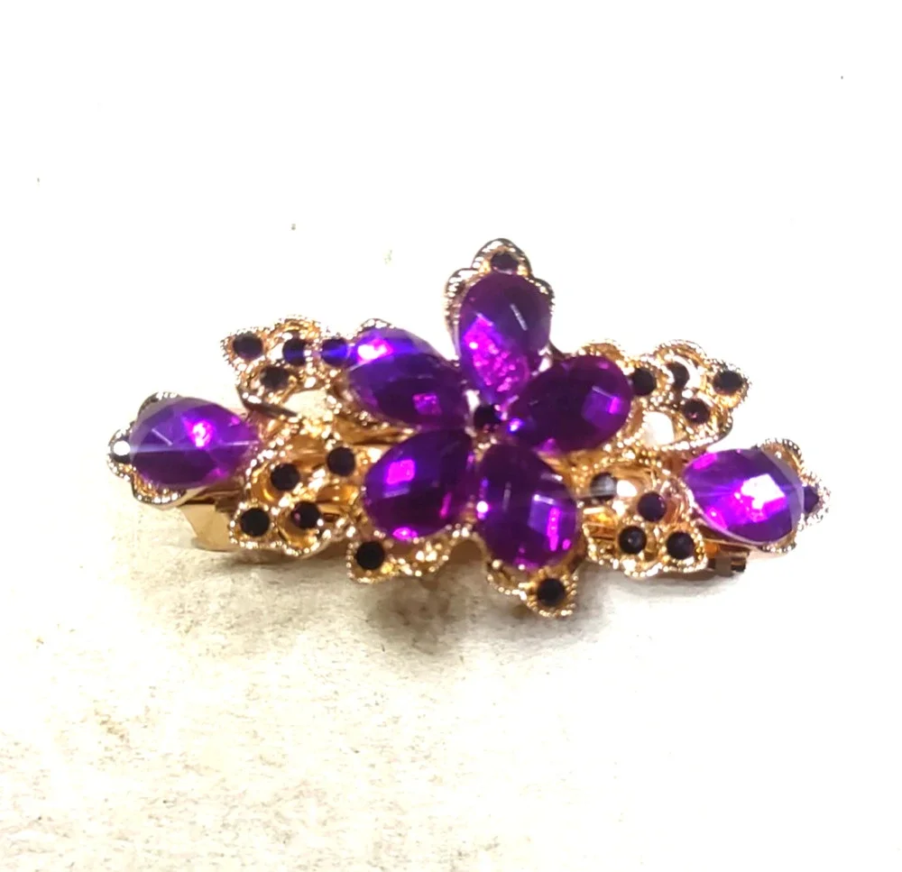 Purple Hair Barrette Tension Clip Gold Tone Purple Rhinestone